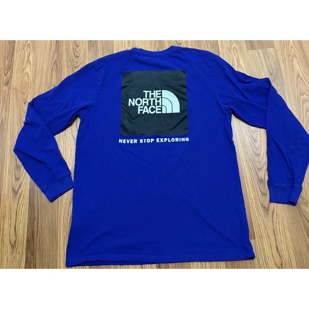 The North Face Box NSE Shirt Mens Large Blue Back Graphic Never Stop Exploring